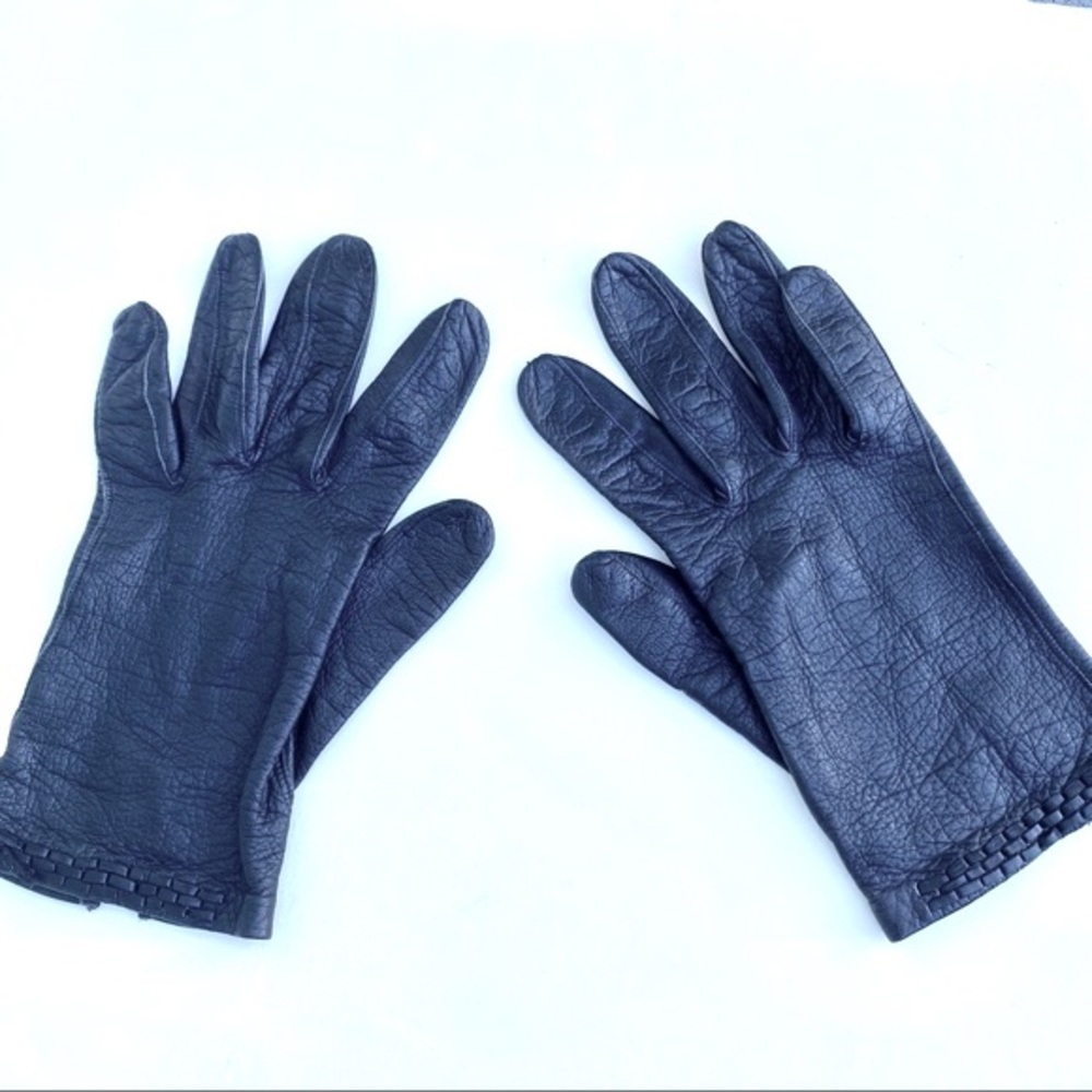 Vintage driving gloves black pebbled leather 60s braided hand ladies Women’s 7